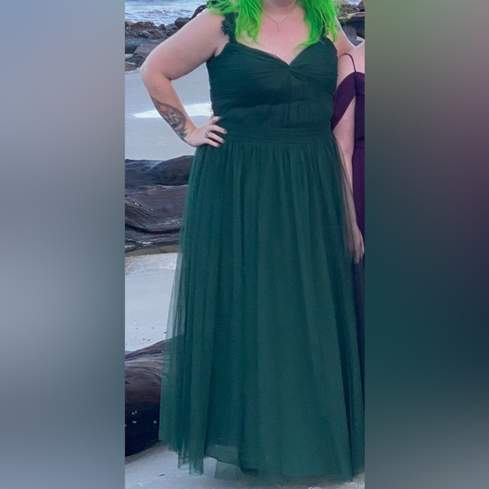 Dark green, formal dress.